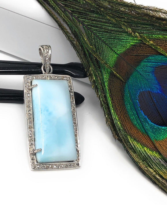 Larimar Gemstone Pendant, Natural Larimar Diamond Pendant, Pave Diamond Pendant, Sterling Silver Jewelry, DIY Pendant