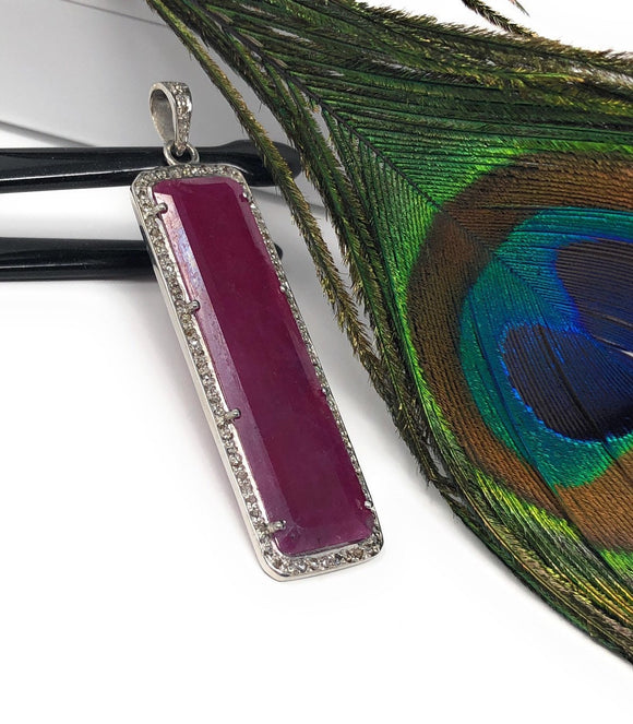 Natural Ruby Diamond Pendant, Gemstone Pendant, Pave Diamond Bar Pendant, Sterling Silver Pendant, Genuine Ruby Jewelry Gifts for Her
