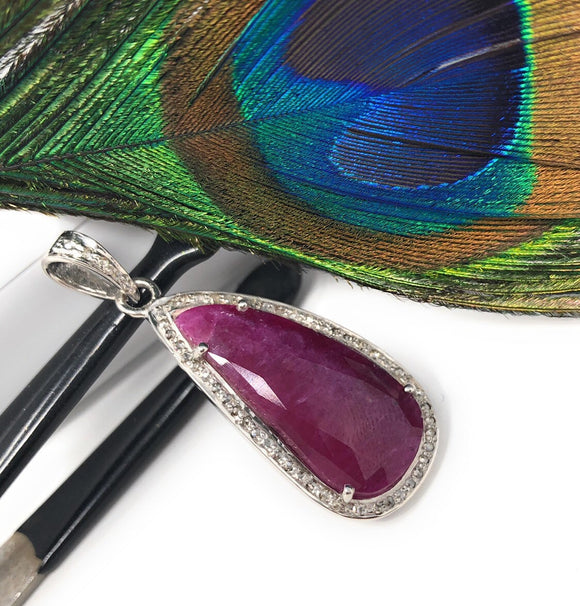 Natural Ruby Diamond Pendant, Gemstone Pendant, Sterling Silver Pendant, Pave Diamond Pendant, Genuine Ruby Jewelry Gifts for Her