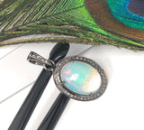 Ethiopian Opal Pendant, Gemstone Pendant, Diamond Pendant, Oxidized Sterling Silver Opal Pendant, Pave Diamond Jewelry, Gifts for Her