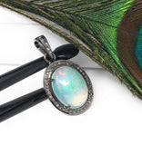 Ethiopian Opal Pendant, Gemstone Pendant, Diamond Pendant, Oxidized Sterling Silver Opal Pendant, Pave Diamond Jewelry, Gifts for Her