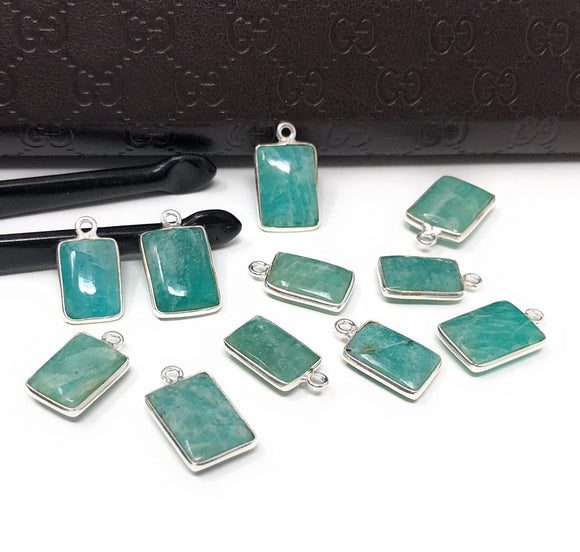 11 Pcs Amazonite Gemstone Charms, Peruvian Amazonite Sterling Silver Charms, 16x9mm - 18x11mm