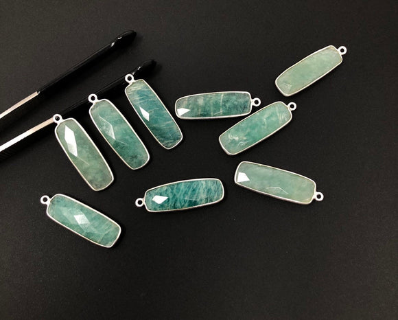 4Pcs Natural Amazonite Gemstone Charms, Sterling Silver Bar Charms, Bulk Wholesale Jewelry Supplies for Jewelry Making, 31x10mm - 33x11mm