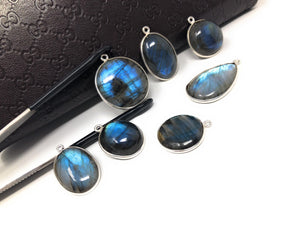 7 Pcs Labradorite Gemstone Charms, Sterling Silver Bulk Charms, Jewelry Findings for Jewelry Making, Mix Shape and Sizes