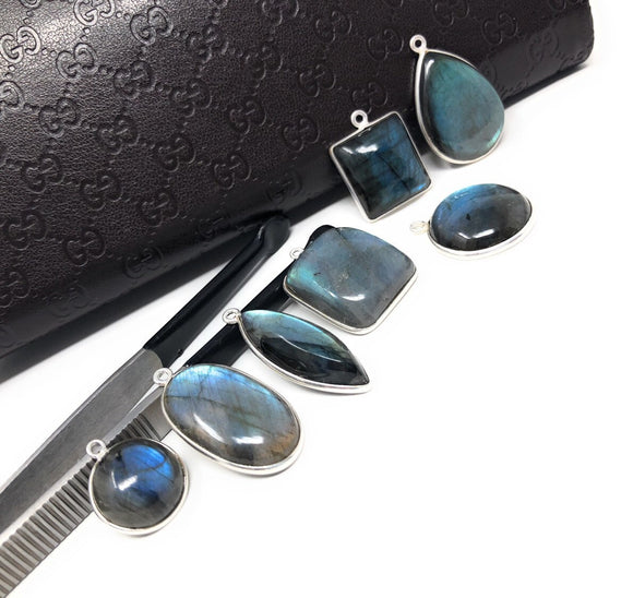 7 Pcs Labradorite Gemstone Charms, Sterling Silver Bulk Charms, Wholesale Jewelry Findings for Jewelry Making, Jewelry Supplies
