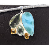 Natural Larimar with Prasiolite and Citrine Gemstone Pendant, Sterling Silver - Bohemian Jewelry, Larimar Pendant, Green Amethyst Pendant