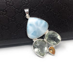 Natural Larimar with Prasiolite and Citrine Gemstone Pendant, Sterling Silver - Bohemian Jewelry, Larimar Pendant, Green Amethyst Pendant