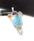 Natural Larimar with Amethyst and Citrine Gemstone Pendant, Sterling Silver Jewelry, Larimar Pendant, Amethyst Pendant, Bohemian Jewelry