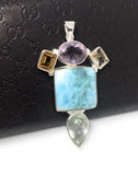 Natural Larimar with Amethyst and Citrine Gemstone Pendant, Sterling Silver Jewelry, Larimar Pendant, Amethyst Pendant, Bohemian Jewelry