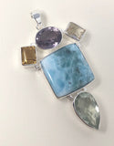 Natural Larimar with Amethyst and Citrine Gemstone Pendant, Sterling Silver Jewelry, Larimar Pendant, Amethyst Pendant, Bohemian Jewelry