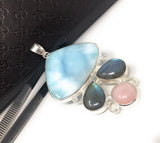 Natural Larimar - Labradorite and Pink Opal Gemstone Pendant , Bohemian Jewelry, Sterling Silver Jewelry Gifts for Her