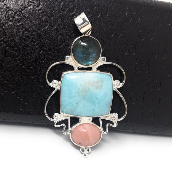 Larimar Pendant, Labradorite Pendant, Pink Opal Pendant, Gemstone Pendant, Silver Jewelry Gifts for Her, Bohemian Jewelry