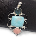 Larimar Pendant, Labradorite Pendant, Pink Opal Pendant, Gemstone Pendant, Silver Jewelry Gifts for Her, Bohemian Jewelry
