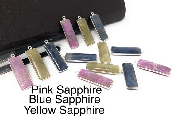 Natural Sapphire Gemstone Bar Shape Charms, Jewelry Supplies for Jewelry Making, Bulk Wholesale Charms, Blue /Pink / Yellow , 1 pc