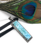 Natural Larimar Gemstone Bar Pendant, Sterling Silver Pave Diamond Pendant, Gifts for Her, Oxidized Silver Jewelry