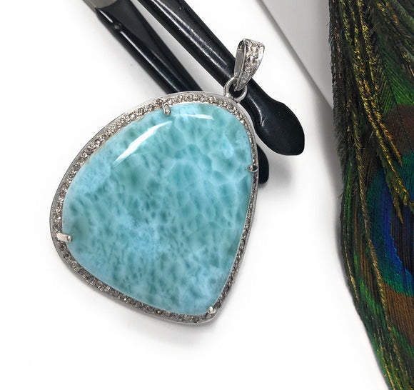 Larimar Gemstone Pendant, Sterling Silver Pave Diamond Pendant, Natural Gemstone Jewelry, Gifts for Her, Wholesale Jewelry Supplies
