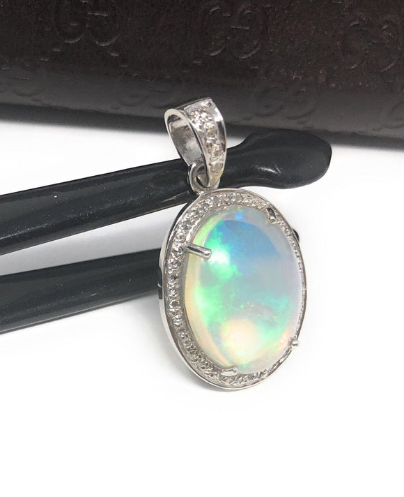 Ethiopian Opal Pendant, Gemstone Pendant, Diamond Pendant, Sterling Silver Opal Pendant, Pave Diamond Jewelry, Gifts for Her