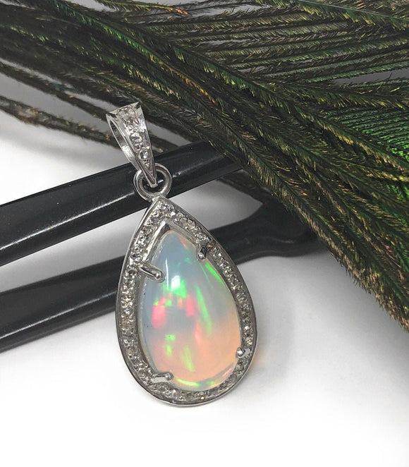 Ethiopian Opal Pendant, Gemstone Pendant, Diamond Pendant, Sterling Silver Opal Pendant, Pave Diamond Jewelry, Gifts for Her
