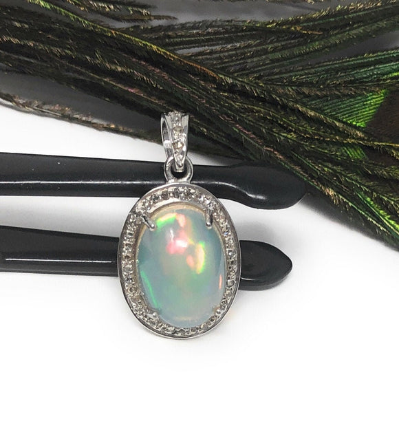 Ethiopian Opal Pendant, Gemstone Pendant, Diamond Pendant, Sterling Silver Opal Pendant, Pave Diamond Jewelry, Gifts for Her