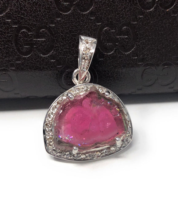Pink Tourmaline Pendant, Gemstone Pendant, Pave Diamond Pendant, Sterling Silver Tourmaline Slice Pendant, October Birthstone Jewelry