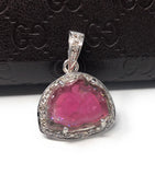Pink Tourmaline Pendant, Gemstone Pendant, Pave Diamond Pendant, Sterling Silver Tourmaline Slice Pendant, October Birthstone Jewelry