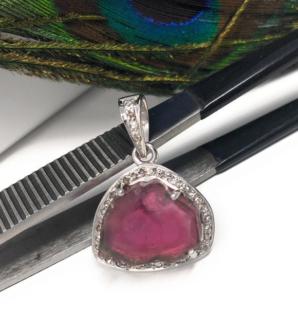 Watermelon Tourmaline Diamond Pendant, Gemstone Pendant, Sterling Silver Watermelon Tourmaline Slice Pendant, October Birthstone Jewelry