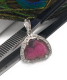 Pink Tourmaline Diamond Pendant, Gemstone Pendant, Sterling Silver Tourmaline Slice Pendant, October Birthstone Jewelry, Raw Tourmaline