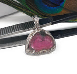 Pink Tourmaline Pendant, Gemstone Pendant, Pave Diamond Pendant, Sterling Silver Pink Tourmaline Slice Pendant, October Birthstone Jewelry