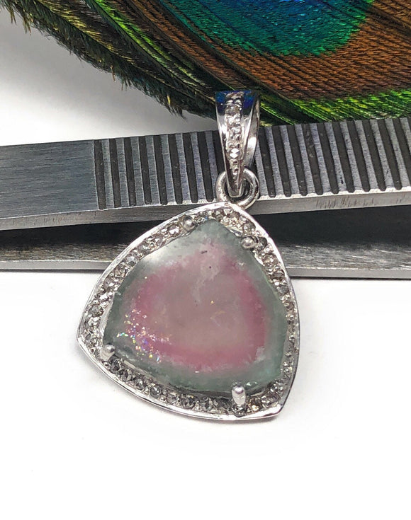Watermelon Tourmaline Diamond Pendant, Gemstone Pendant, Sterling Silver Watermelon Tourmaline Slice Pendant, October Birthstone Jewelry