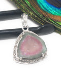 Watermelon Tourmaline Diamond Pendant, Gemstone Pendant, Sterling Silver Watermelon Tourmaline Slice Pendant, October Birthstone Jewelry