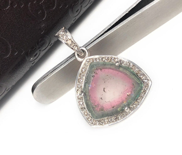 Watermelon Tourmaline Diamond Pendant, Gemstone Pendant, Sterling Silver Watermelon Tourmaline Slice Pendant, October Birthstone Jewelry