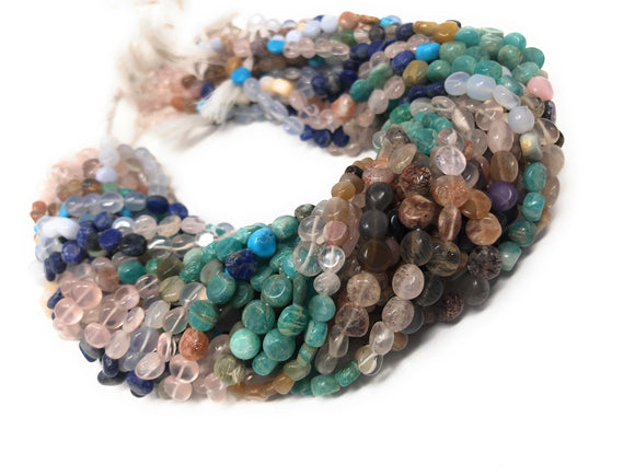 Natural Multi Stone Gemstone Coin Beads, Mix Stone Gemstone Beads, Bulk Wholesale Beads for Jewelry Making, 6-8mm, 15.5