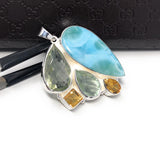 Natural Larimar with Prasiolite and Citrine Gemstone Pendant, Sterling Silver - Bohemian Jewelry, Larimar Pendant, Green Amethyst Pendant