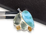 Natural Larimar with Prasiolite and Citrine Gemstone Pendant, Sterling Silver - Bohemian Jewelry, Larimar Pendant, Green Amethyst Pendant