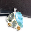 Natural Larimar with Prasiolite and Citrine Gemstone Pendant, Sterling Silver - Bohemian Jewelry, Larimar Pendant, Green Amethyst Pendant