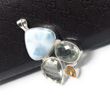 Natural Larimar with Prasiolite and Citrine Gemstone Pendant, Sterling Silver - Bohemian Jewelry, Larimar Pendant, Green Amethyst Pendant