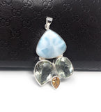 Natural Larimar with Prasiolite and Citrine Gemstone Pendant, Sterling Silver - Bohemian Jewelry, Larimar Pendant, Green Amethyst Pendant