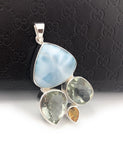 Natural Larimar with Prasiolite and Citrine Gemstone Pendant, Sterling Silver - Bohemian Jewelry, Larimar Pendant, Green Amethyst Pendant