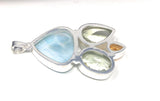Natural Larimar with Prasiolite and Citrine Gemstone Pendant, Sterling Silver - Bohemian Jewelry, Larimar Pendant, Green Amethyst Pendant