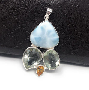 Natural Larimar with Prasiolite and Citrine Gemstone Pendant, Sterling Silver - Bohemian Jewelry, Larimar Pendant, Green Amethyst Pendant
