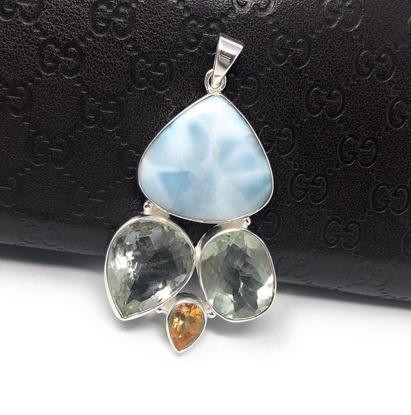 Natural Larimar with Prasiolite and Citrine Gemstone Pendant, Sterling Silver - Bohemian Jewelry, Larimar Pendant, Green Amethyst Pendant