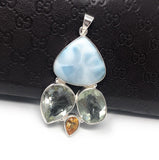 Natural Larimar with Prasiolite and Citrine Gemstone Pendant, Sterling Silver - Bohemian Jewelry, Larimar Pendant, Green Amethyst Pendant