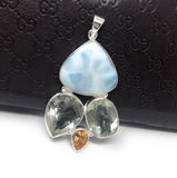 Natural Larimar with Prasiolite and Citrine Gemstone Pendant, Sterling Silver - Bohemian Jewelry, Larimar Pendant, Green Amethyst Pendant