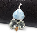 Natural Larimar with Prasiolite and Citrine Gemstone Pendant, Sterling Silver - Bohemian Jewelry, Larimar Pendant, Green Amethyst Pendant