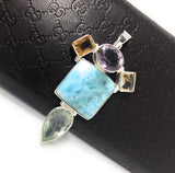 Natural Larimar with Amethyst and Citrine Gemstone Pendant, Sterling Silver Jewelry, Larimar Pendant, Amethyst Pendant, Bohemian Jewelry