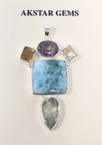 Natural Larimar with Amethyst and Citrine Gemstone Pendant, Sterling Silver Jewelry, Larimar Pendant, Amethyst Pendant, Bohemian Jewelry