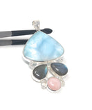 Natural Larimar - Labradorite and Pink Opal Gemstone Pendant , Bohemian Jewelry, Sterling Silver Jewelry Gifts for Her
