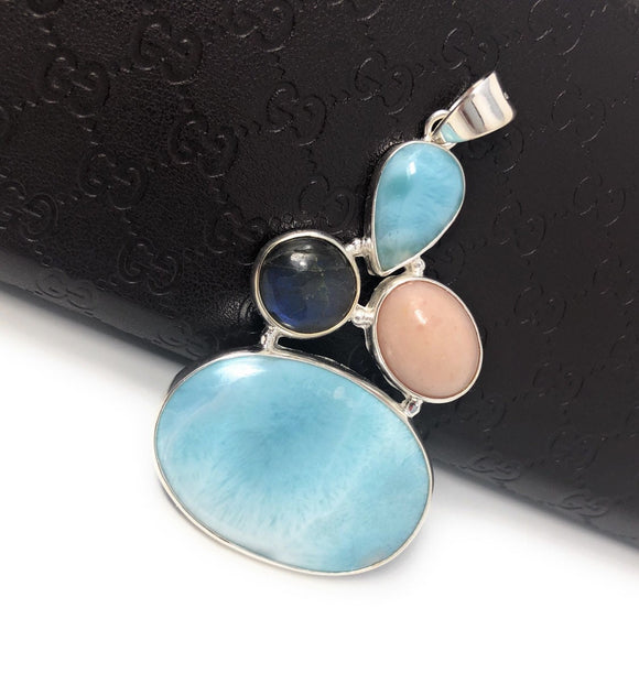Larimar Pendant, Labradorite Pendant, Pink Opal Pendant, Gemstone Pendant, Silver Jewelry Gifts for Her, Bohemian Jewelry