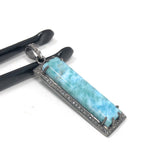 Natural Larimar Gemstone Bar Pendant, Sterling Silver Pave Diamond Pendant, Gifts for Her, Oxidized Silver Jewelry