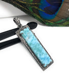 Natural Larimar Gemstone Bar Pendant, Sterling Silver Pave Diamond Pendant, Gifts for Her, Oxidized Silver Jewelry